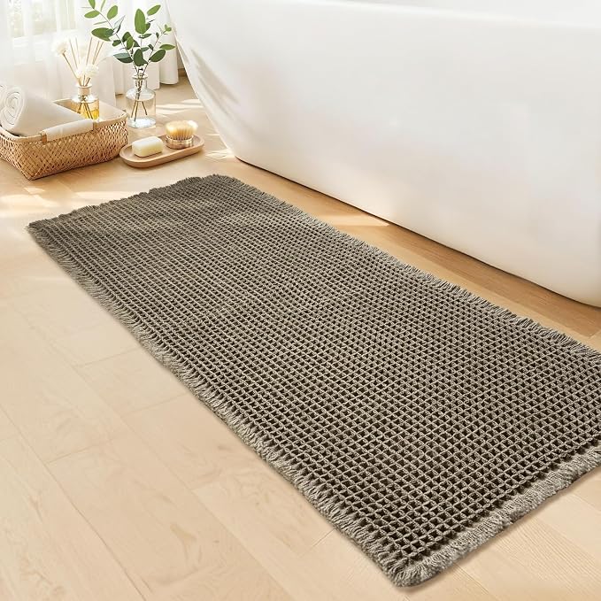 Waffle Runner Bath Mat - Long Boho Bathroom Rugs Non Slip Washable, Super Absorbent & Quick Dry, Soft Bath Mat Farmhouse Bathroom Decor, 24'' x 72'', Olive Green