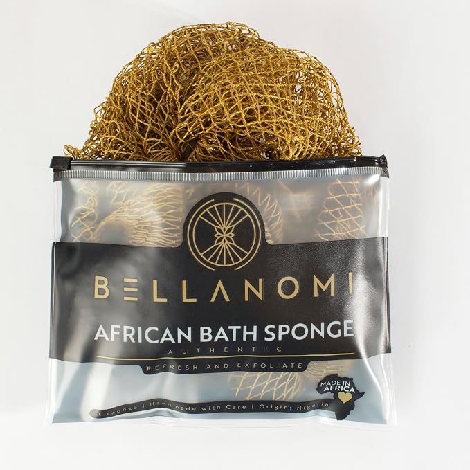 BELLANOMI African Net Sponge - Authentic Sapo Exfoliating Net, Ethically sourced from Nigeria, 45" Long Back Scrubber, Quick Dry Loofah Alternative for Gentle Exfoliation Daily Use (Olive Gold)