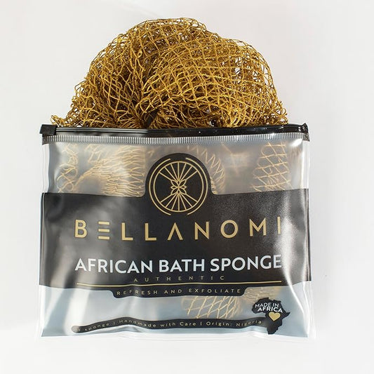 BELLANOMI African Net Sponge - Authentic Sapo Exfoliating Net, Ethically sourced from Nigeria, 45" Long Back Scrubber, Quick Dry Loofah Alternative for Gentle Exfoliation Daily Use (Olive Gold)