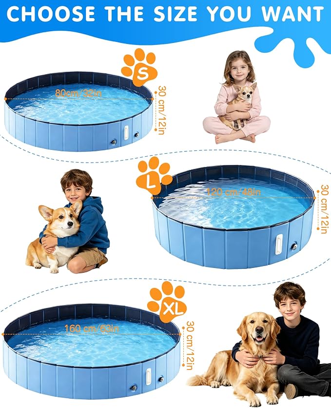 DEWEL Foldable Dog Pool for Large Dogs & Pets, Portable PVC Pet Bath Tub Swimming Pool with Dual Drain Outlets, Non-Slip Bottom, Indoor Outdoor Backyard Patio Swimming Bathing Play Pool