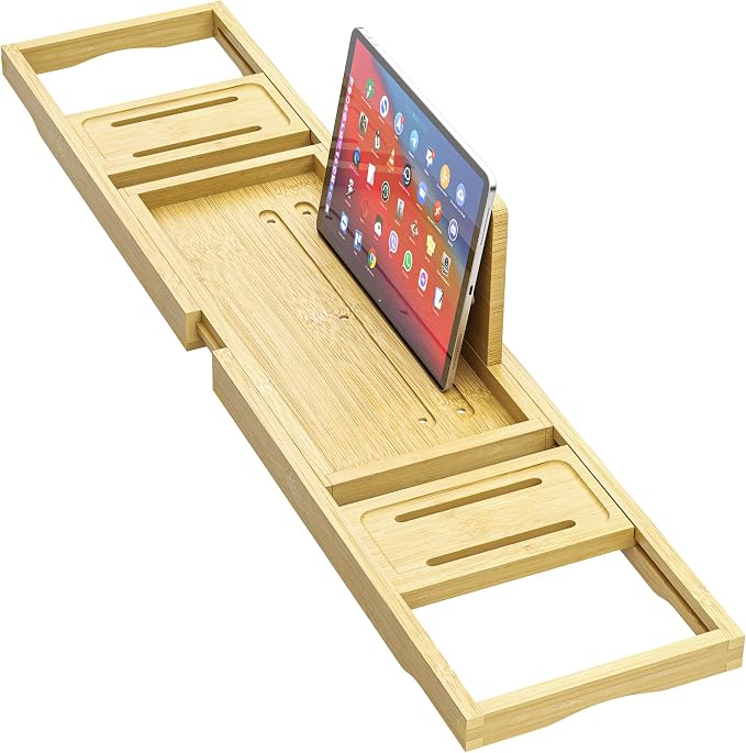 Premium Bathtub Tray - Expandable Bamboo Wooden Bath Trays for Bathub - Bath Tub Table Tray for Bathtub/Tub,Adjustable Size, Fits Most Tubs