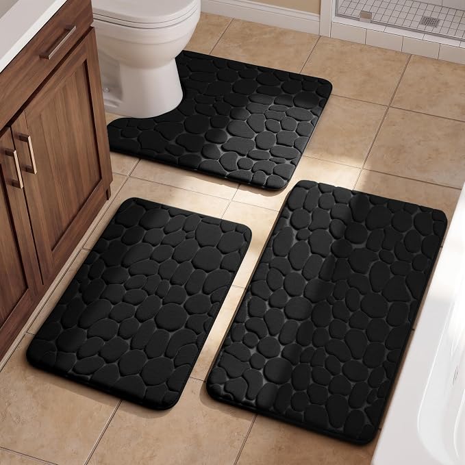 YIHOUSE Bathroom Rugs Mat Set, Memory Foam Bath Mat 3 Piece Black | U Shape+Small Mat, Non Slip, Water Absorbent, Washable, Bath Mat For Bathroom, Sink and Toilet