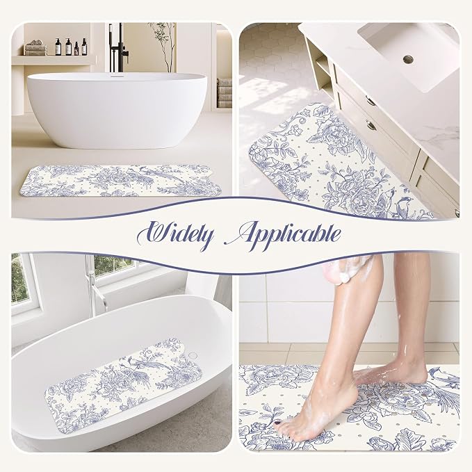 SHUCHING Vintage Blue Bath Mat for Tub Non Slip-40 X 16Inch, Flower and Bird Bathtub Mat Anti Slip for Women, Long Shower Mat for Bathroom Mold Free, Machine Washable