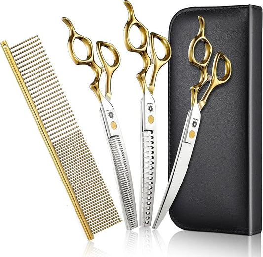 Dream Reach Dog Grooming Scissors - 7'' Curved Dog Shears Set with Ergonomic Handle, Professional Sharp Trimming Curved Scissors and Comb for Pet