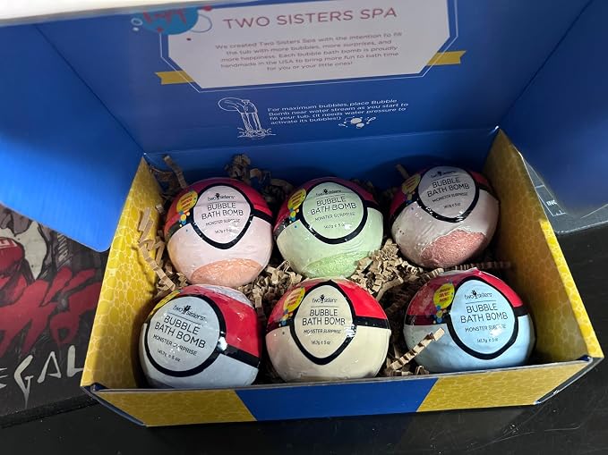 Poke Monster Bath Bombs for Kids with Surprise Inside (6 Pack) - Large Bubble Bath Bomb for Boys & Girls - Fruity Scent, Skin-Safe, USA Made, Kids Basket Stuffers and Gift by Two Sisters