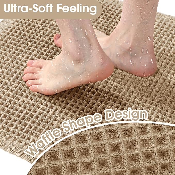 ACCUMTEK Upgraded Waffle Bath Mat, 36"x24" Beige, Super Absorbent Non-Slip Quick Dry Bathroom Rugs with Tassels, Machine Washable Ultra Soft Boho Bath Rugs for Floor, Toilet Mats Boho Farmhouse Decor