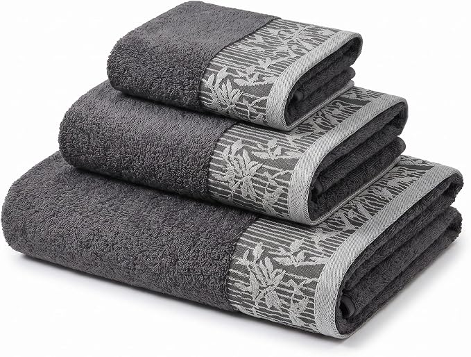 Superior Floral Jaquard Cotton Bathroom Towels, 3pc Towel Set, Grey | Soft Absorbent Quick Dry Terry Weave, Hotel Quality, Wisteria Towels Includes 1 Bath Towel, 1 Hand Towel, 1 Face Washcloth
