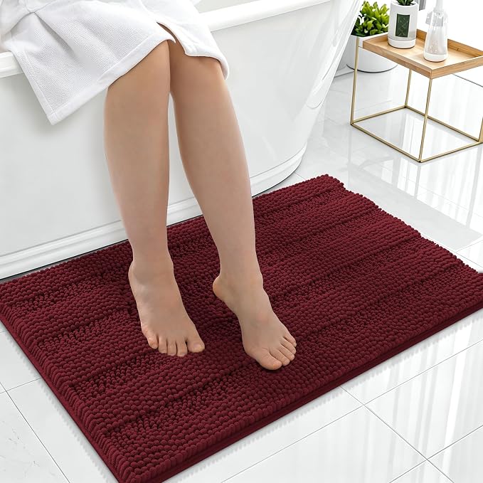 Smiry Thick Chenille Bathroom Rugs 36x24, Extra Absorbent Striped Bath Mat, Machine Washable, Rubber Backing, Bath Rugs for Bathroom, Tub & Shower, Home Decor Accessories, Andorra Red-Brown