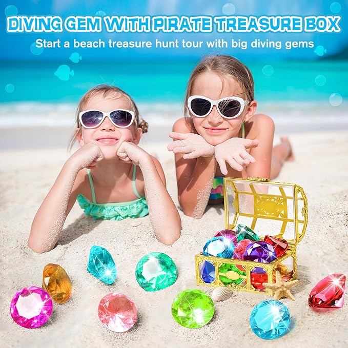 DISHIO Large Diving Gem Pool Toys with Golden Treasure Box, 10PCS Colorful Acrylic Diamonds Set for Summer Swimming Underwater Training, Pirate Party Favors, Bath Toys for Kids Gold