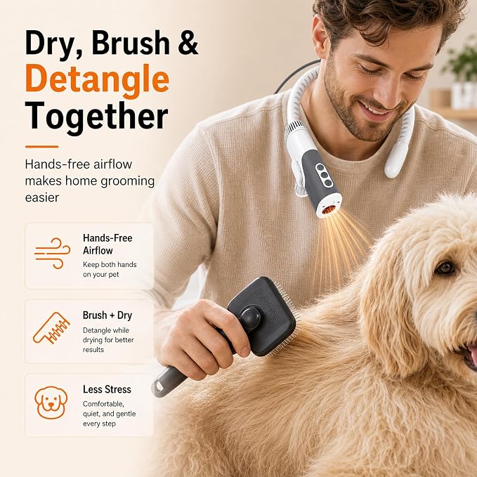 PETNF Hands-Free Dog Dryer for Pet Grooming, 110,000 RPM High Velocity Pet Hair Dryer, 1300W Powerful Neck Hanging Design, 3 Speeds & 5 Heat Settings for Home & Salon