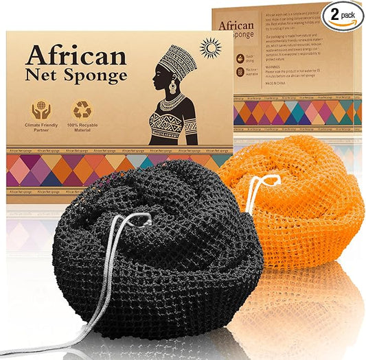 Authentic African Net Sponge - 2 Pieces Deep Clean Exfoliating Sponge - Soft Weave for Gentle Exfoliation, All-Skin-Type Shower Accessory (Black Orange)