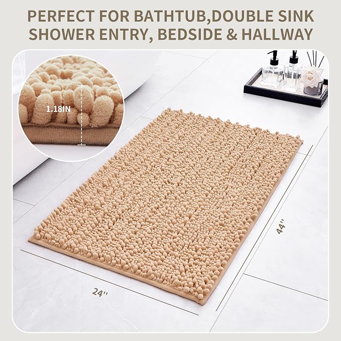 Bathroom Rugs Non Slip Washable 44x24, Extra Thick Soft Chenille Absorbent Bath Mat, High Density Barrier Non Slip Backing, Quick Dry Plush Shaggy Floor Carpet for Tub&Shower, Beige