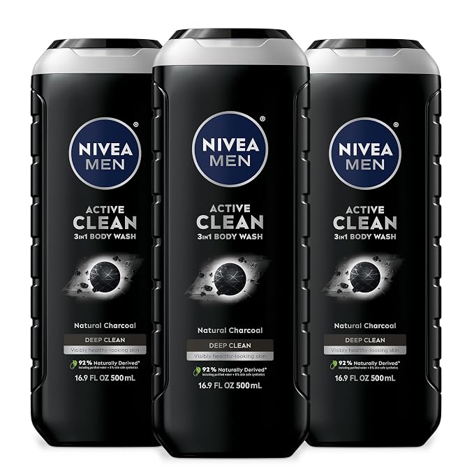 NIVEA MEN Real Madrid Limited Edition Design Active Clean Body Wash with Natural Charcoal for Normal to Oily Skin, 3-in-1 Charcoal Body Wash, Face and Hair, 16.9 Fl Oz Bottle, Pack of 3
