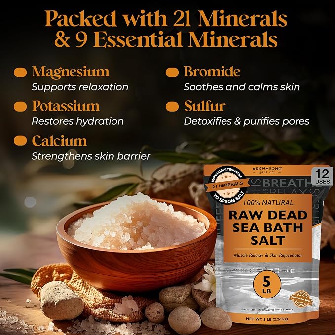Aromasong Raw Dead Sea Bath Salt - Minimally Cleaned, Contains More Dead Sea Minerals Including Dead Sea Mud - 100% Pure & Natural Dead Sea Salts for Soaking 5 LB - Bulk Resealable Pack