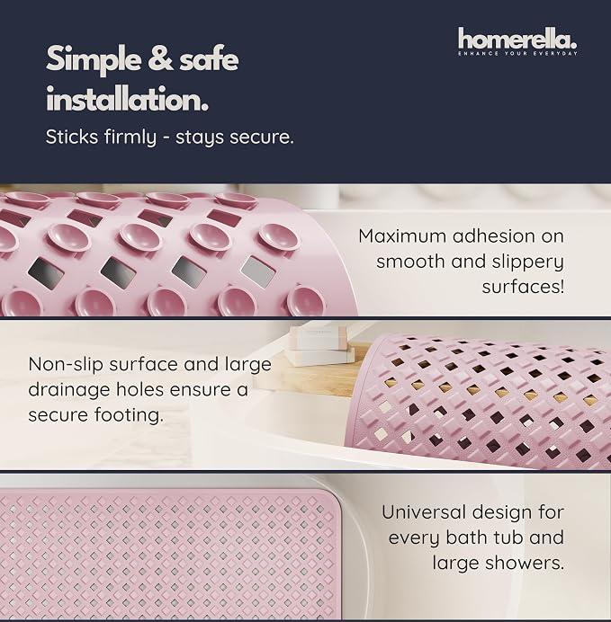 Bathtub Mat Non Slip 35x16 - homerella® Bath Mat Incl. Hooks for Drying, Extra Long, 100% BPA Free, Shower Mat Non Slip Anti Mold, Machine Washable, Shower Mats for Inside Shower Mildew Resistant