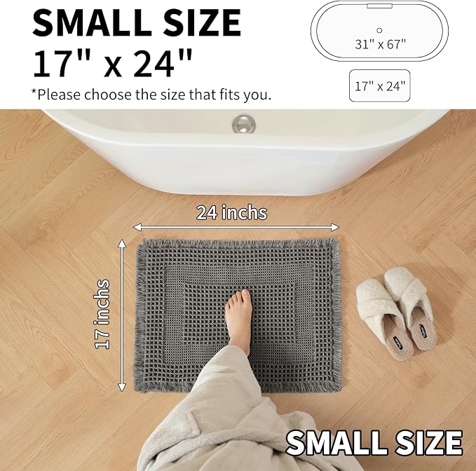 Waffle Bath Mat - Super Water Absorbing Bath Mat Quick Dry, Bathroom Rugs Non Slip Washable with Tassels, Rubber Backed Bathroom Mat for Bathroom Floor, Tub and Shower, 17" x 24", Dark Grey