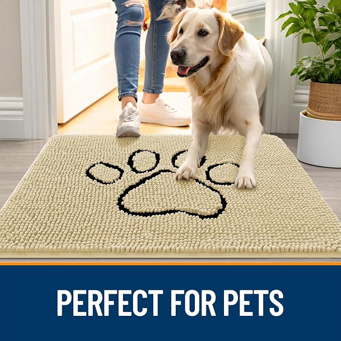 OLANLY Dog Door Mat for Muddy Paws 36x24, Paw Print Design, Absorbs Moisture and Dirt, Absorbent Non-Slip Washable Doormat, Quick Dry Chenille Mud Mat for Dogs, Entry Indoor Entryway Carpet, Sand