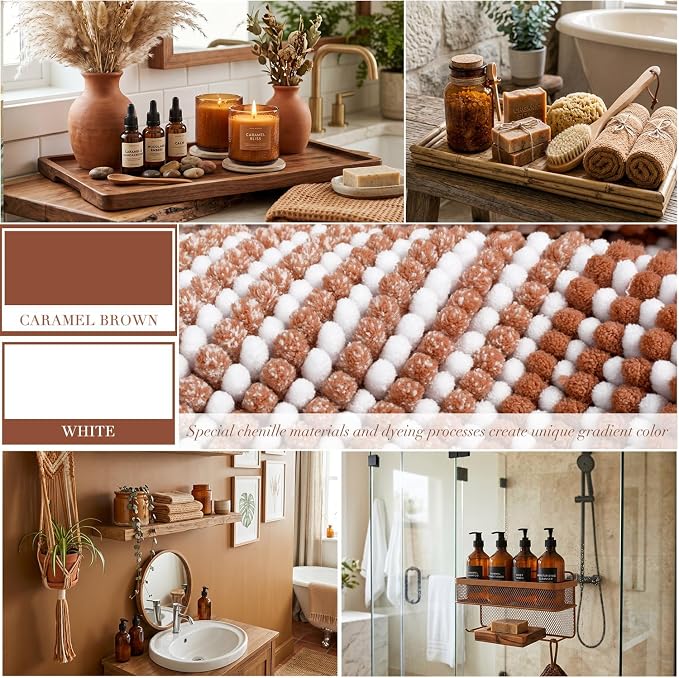 BSICPRO Bathroom Rugs and Mats Sets, 2 Piece Thick Absorbent Chenille Bath Mat Rug Set Non Slip, Soft Bath Room Floor Mats for Bathroom, Machine Washable (20" x 32" Plus 16" x 24",Caramel Brown)