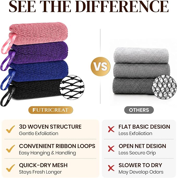 4 Pack African Net Sponge Authentic, Exfoliating Washcloth, Body & Back Scrubber, Better Alternative to Traditional Loofahs, Perfect for Daily Shower & Travel, Blush Pink, Purple, Royal Blue & Black
