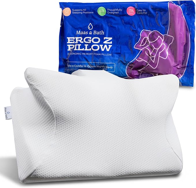 MAAS & BATH Ergo Z Pillow - 2-in-1 Ergonomic Pillow Made for Any Sleep Position, Breathable 100% Memory Foam, Inner Cover, Lightweight, Non-Toxic, Odorless Sleep-Friendly Support