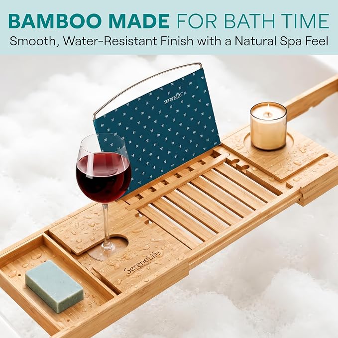 SereneLife Luxury Bamboo Bathtub Caddy Tray - Adjustable Natural Wood Bath Tub Organizer with Wine Holder, Cup Placement, Soap Dish, Book Space & Phone Slot for Spa, Bathroom & Shower - SLBCAD20