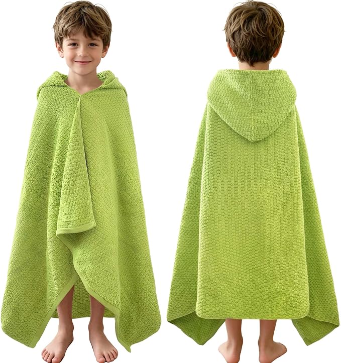VOOVA & MOVAS Hooded Bath Towels for Kids | Soft Absorbent 100% Cotton Thick Towel Wrap | Versatile Beach, Pool, Swim & Bath Cover-Up | Grass Green Solid Waffle