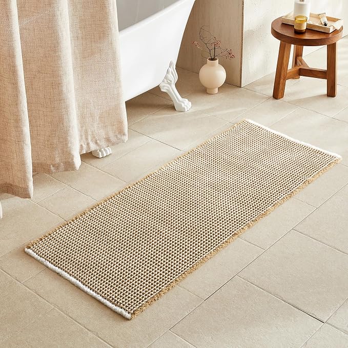 TYUU Waffle Runner Rug Bathroom, Long Boho Bathroom Rugs Non Slip Washable Super Absorbent Quick Dry Farmhouse Bath Decor, 60"x24" Khaki and White