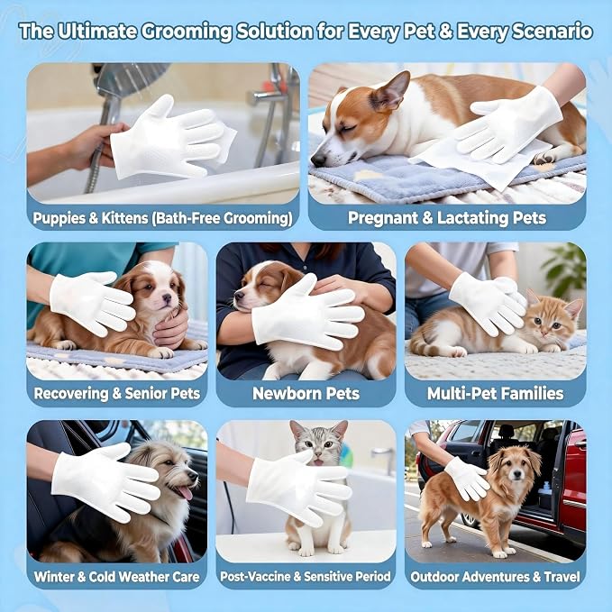 Pet Glove Wipes, No Rinse Deodorizing Mittens for Sphynx, Devon Rex, Cats & Dogs, Thickened Hypoallergenic with Aloe Vera, Unscented Full Body Grooming, Daily Care & Travel, 6 Count
