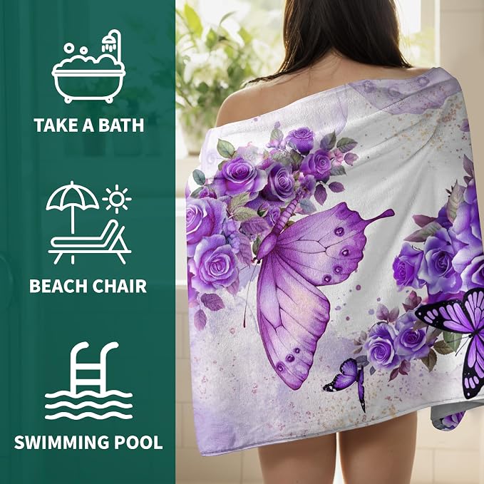 Purple Butterfly Rose Beach Towel - Floral Decorative Coral Fleece Shower Towels for Bathroom Holiday