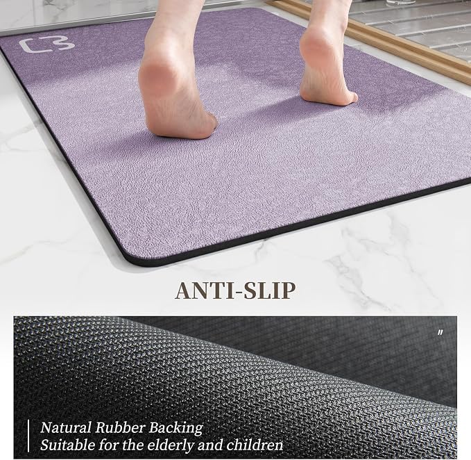 RUERYA Diatomaceous Earth Bath Mat Rugs Quick Dry Super Absorbent Non Slip Rubber BottomThin Bathroom Mat Fit Under Door, Floor Rugs in Front of Bathtub,Shower Room,Sink,Washable, 17" x 32", Lavender