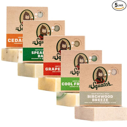 Dr. Squatch Natural Men’s Bar Soap - Cold Process Body Soap Bar with Natural Oils - Gifts for Men - Cool Fresh Aloe, Cedar Citrus, Birchwood Breeze, Spearmint Basil & Grapefruit IPA (5 oz, 5-Pack)