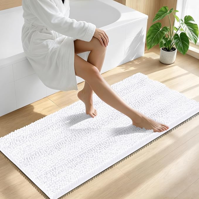 Smiry Thick Chenille Bathroom Runner Rugs 47x20, Extra Absorbent Striped Bath Mat, Machine Washable, Rubber Backing, Long Bath Rugs for Tub & Shower, Modern Home Decor Accessories, White