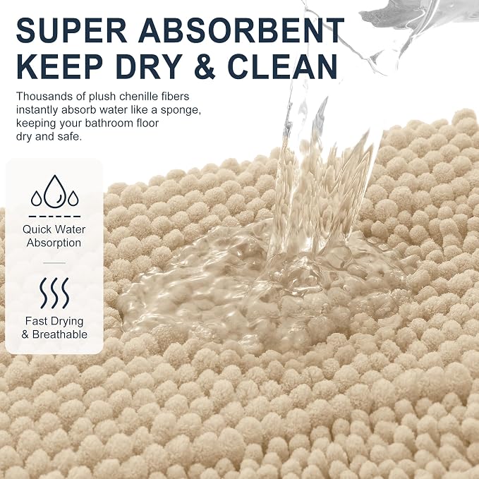 Smiry Thick Chenille Bathroom Runner Rugs 70x24, Absorbent Striped Bath Mat, Machine Washable, Rubber Backing, Extra Long Bath Rugs for Tub & Shower, Modern Home Decor Accessories, Beige