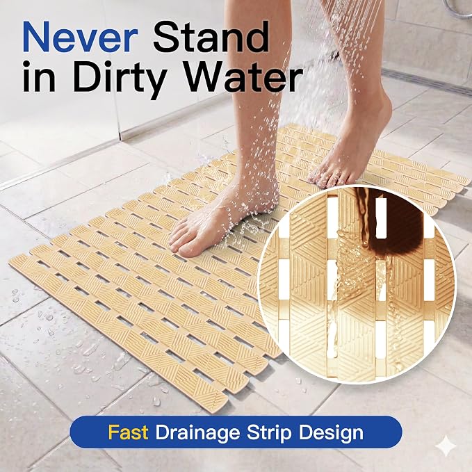 Non Slip Bathtub Mat - Shower Mats for Inside Shower, Rectangular PVC Tub Mat with 200+ Suction Cups for Safety, 40x16 Inch, Beige