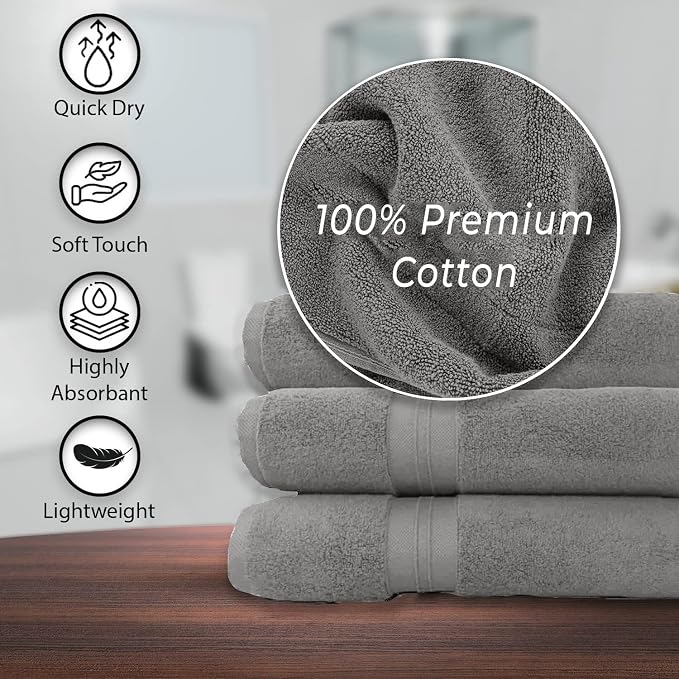 KAHAF COLLECTION 100% Cotton Bath Towels, 24x48 Pack of 6 Towels, Quick Dry, Highly Absorbent, Soft Feel Towel, Gym, Spa, Bathroom, Shower, Pool, Luxury Soft Towels (Light Grey, 24x48-6 Pack)