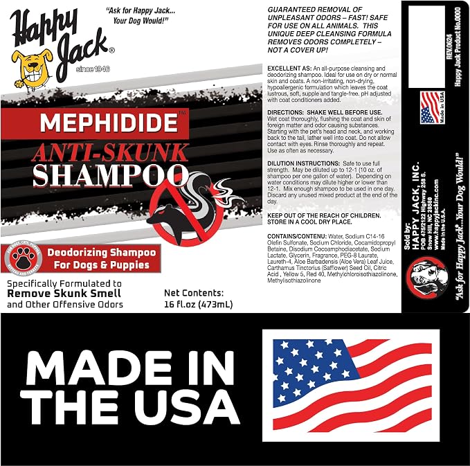 HAPPY JACK Mephidide Anti-Skunk Shampoo for Dogs & Cats, 16 oz | Powerful Pet Odor Eliminator, Skunk Smell Removal, Deodorizing Grooming Shampoo, Safe for Coat & Sensitive Skin, For Home Use
