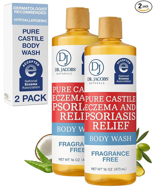 Dr. Jacobs Naturals Pure Castile Soap for Eczema & Psoriasis Relief - Unscented Body Wash, 16oz, 2 Pack, Made in the USA - Extra Gentle for Sensitive Skin - Moisturizing Formula w/Olive & Coconut Oil
