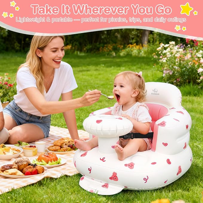 BEBOAN Inflatable Baby Seat with Tray for 3 Months Up Baby, Portable Upseat Baby Chair with Safety Strap for Sitting Up, Foldable Blow Up Infant Seat with Built-in Air Pump (Pink Bunny)