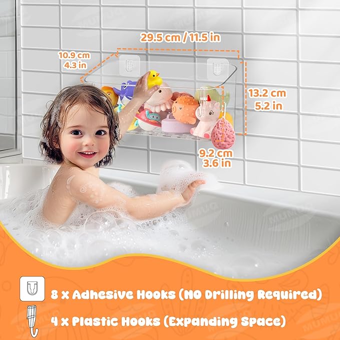 Bath Toy Storage Adhesive Shower Caddy for Baby Bath Toys Bathtub Toy Storage Holder Organizer Large Capacity Acrylic Shower Shelves for Bathroom Babies Bathing Accessories Shelf, 2 Pack