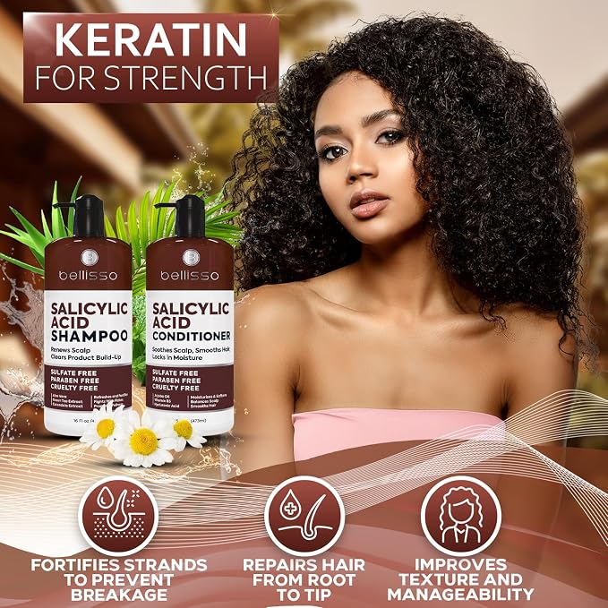Salicylic Acid Shampoo and Conditioner Set - Scalp Exfoliator Formula for Flakes - Anti Dandruff and Itch Relief for Women and Men - Sulfate and Paraben Free - For Dry, Flaky, Itchy and Oily Hair