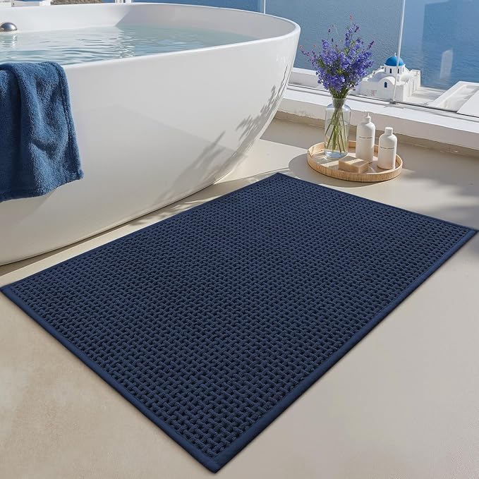 Color&Geometry Rubber Backed Waffle Bath Mat 30x17, Non Slip Water Washable Bathroom Rugs, Soft Absorbent Chenille Boho Carpet for Bathroom Floor, Tub and Shower, Dark Blue