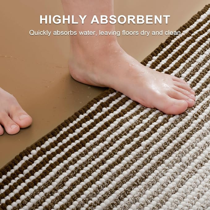 BSICPRO Bathroom Rugs and Mats Sets, 2 Piece Thick Absorbent Chenille Bath Mat Rug Set Non Slip, Soft Shaggy Bath Room Floor Mats for Bathroom, Machine Washable (Brown, 20" x 47" Plus 16" x 24")