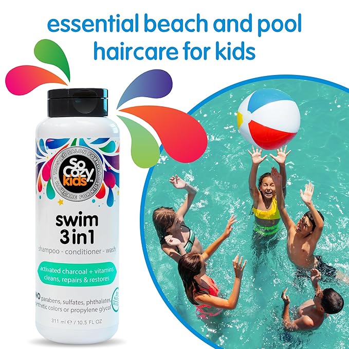 SoCozy Kids Swim 3-in-1 Shampoo, Conditioner & Body Wash - 3-in-1 Combo Pool Shampoo & Conditioner for Swimmers - Salt & Chlorine Removing Activated Charcoal