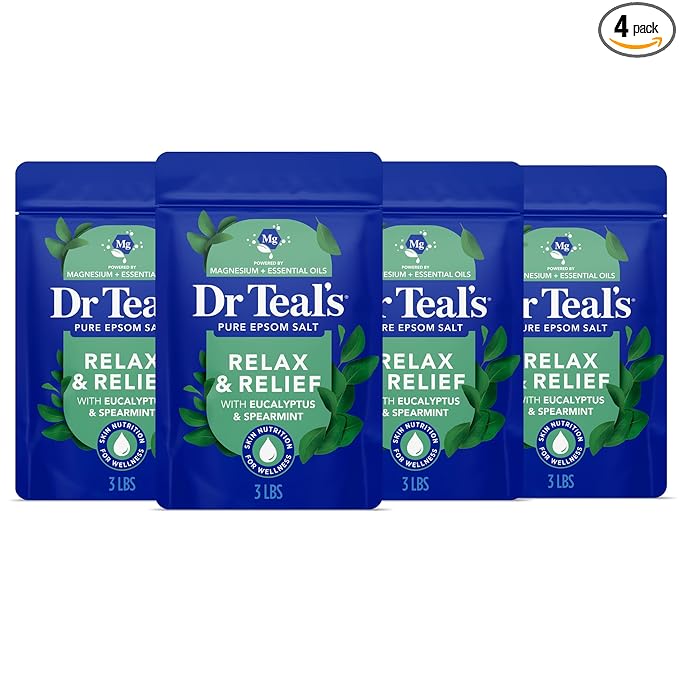 Dr Teal's Pure Epsom Salt, Relax & Relief with Eucalyptus and Spearmint, 3 lb (Pack of 4)