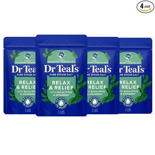 Dr Teal's Pure Epsom Salt, Relax & Relief with Eucalyptus and Spearmint, 3 lb (Pack of 4)