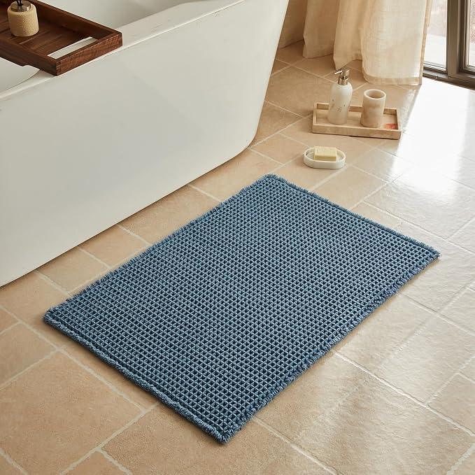 Triohero Waffle Bath Mat, Boho Bathroom Rugs Non Slip Washable, Ultra Soft Super Absorbent Quick Dry Farmhouse Bathroom Decor, 24" x 36", Denim Blue