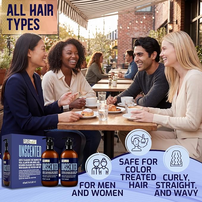 Unscented Shampoo and Conditioner Set - Fragrance Free, Sulfate Free - Moisturizing Hair and Scalp Care - Hydrating Salon Formula for Women and Men - Zero Paraben Content - 16 Fl Oz (Set of 2)