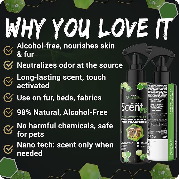 PET Odor Neutralizing Pet Freshening Spray, Nano-Activated, 98% Natural, Alcohol-Free Grooming Spray for Dogs, Cats & Fabrics, Long-Lasting Touch-Release Fragrance - Spring Mist (200mL)