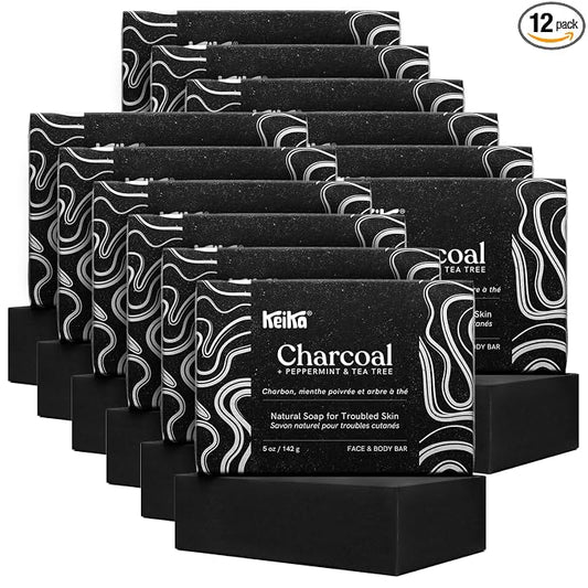 Keika Charcoal Black Soap Bar for Eczema, Psoriasis, Face, Body, Men Women Teens with Oily Skin, 5 oz. (Charcoal, 12-Pack)