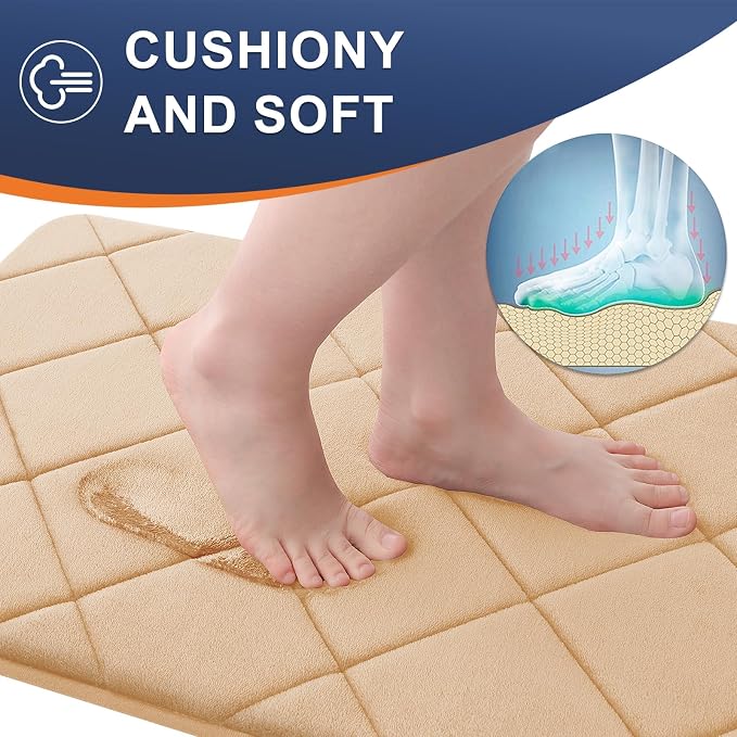 OLANLY Memory Foam Bath Mat 59x20, Ultra Soft and Absorbent Bathroom Rugs, Machine Washable, Comfortable Bath Carpet for Bathroom Floor, Tub and Shower, Beige